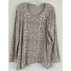 Elegant Taupe Damask Print Long Sleeve Top with Decorative Button Detail